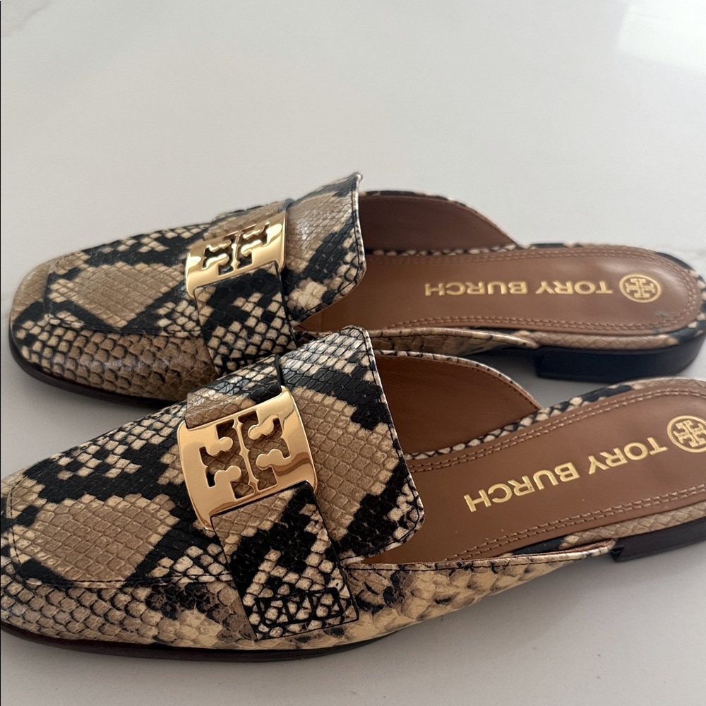 Tory Burch Black and Tan Snake Print Mules